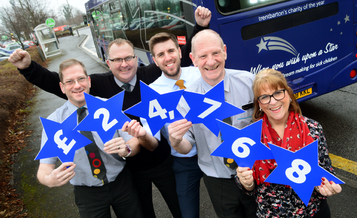 trentbarton’s Leighton Grimes, Christian Allen-Clay, Jordan Kemp and Phil Collison with Maggie Falconer from When You Wish Upon a Star 